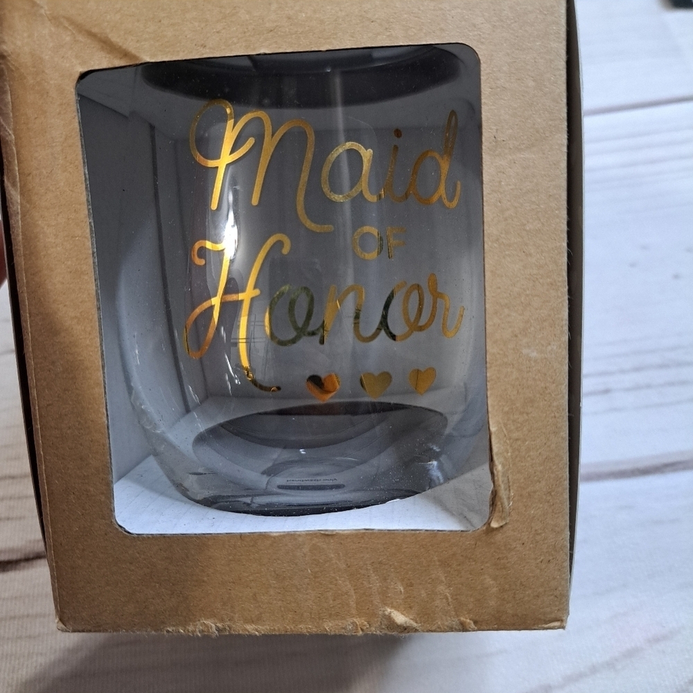 Maid of Honor Stemless Wine Glass with Gold Lettering Box Has Wear